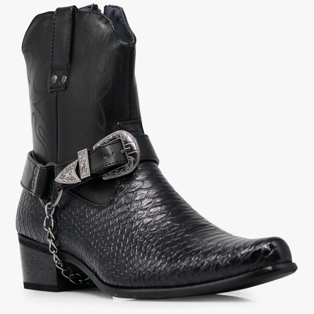 Alberto Fellini Men's Crocodile Print Cowboy Boots, Zipper, Belt Buckle Size 7.5